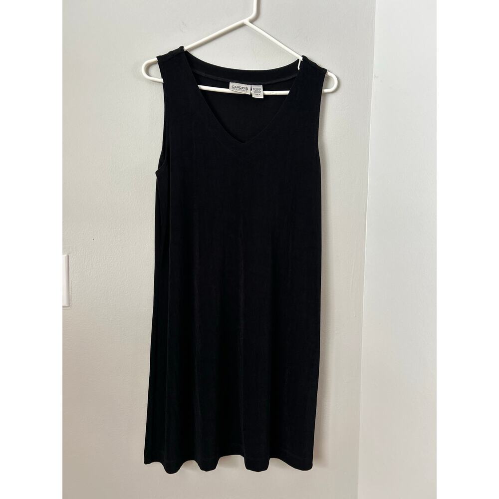 Chico's Long Black Tank Top Minimalist, V-neckline, Sleeveless Size 2 Stretchy
